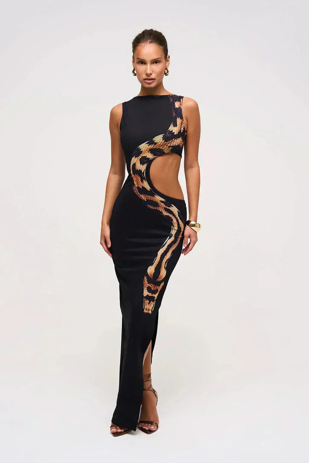 Addie | sukienka maxi damska koktajlowa w wężowy print z wycięciami - Image 3