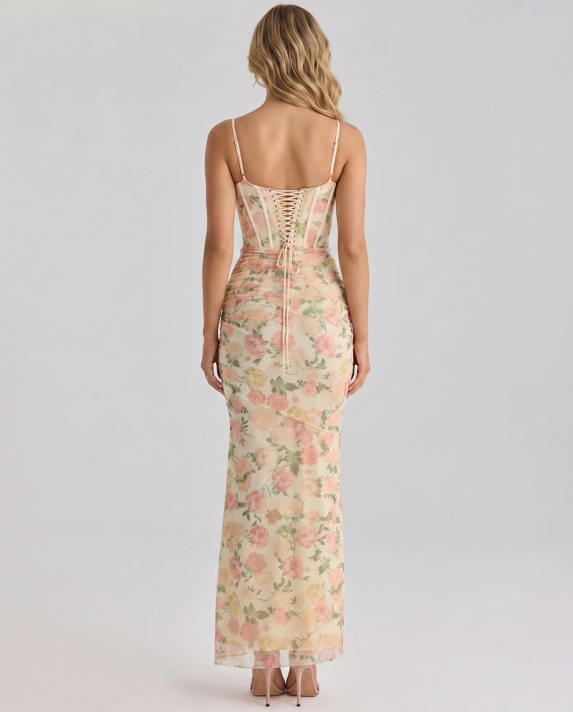 Belinda | sukienka maxi damska w kwiatowy wzór z siateczkową warstwą - Image 2
