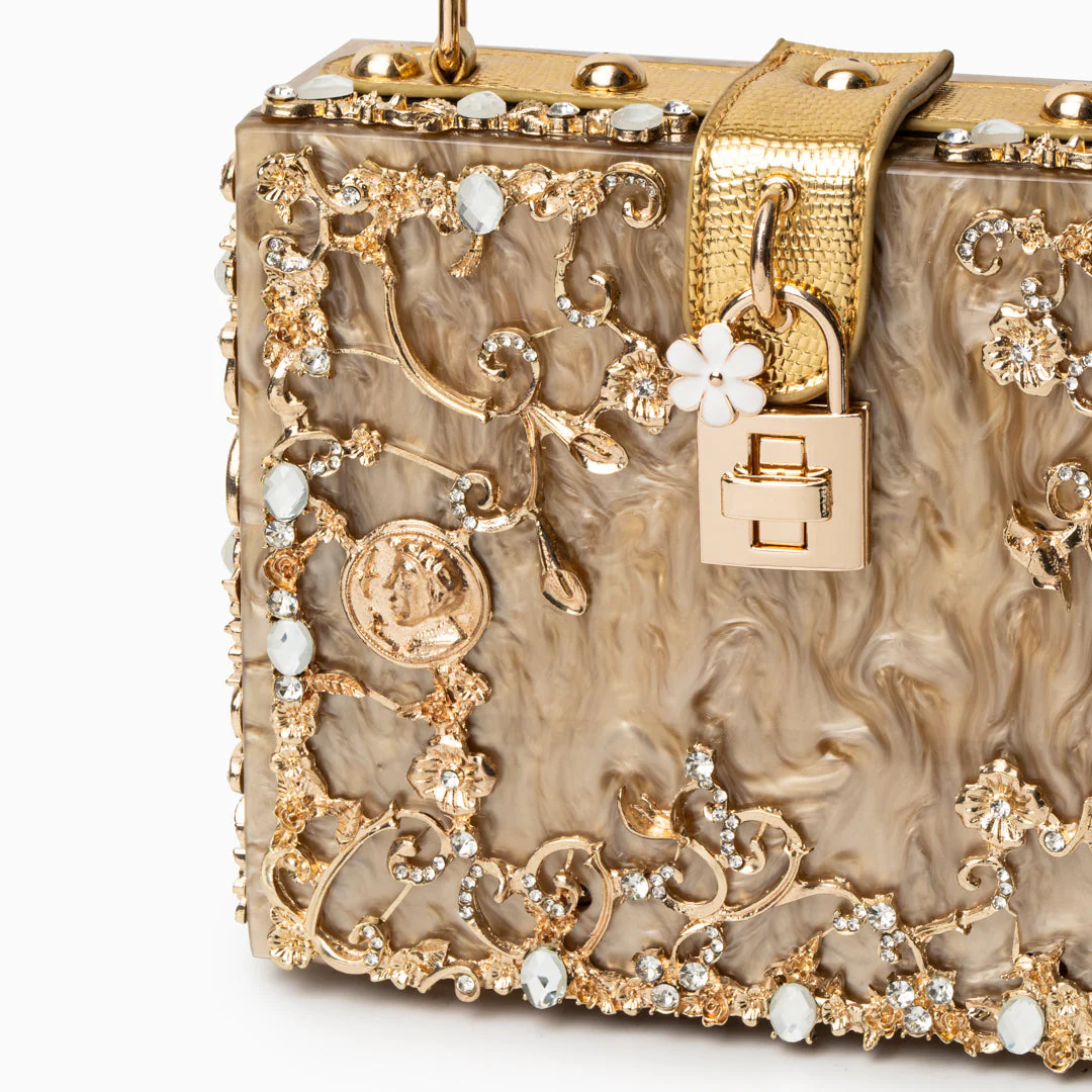 Cathy | Ekskluzywna torebka box bag, luksusowy design, złote detale kwiatowe, eleganczne metalowe zapięcie - Image 21