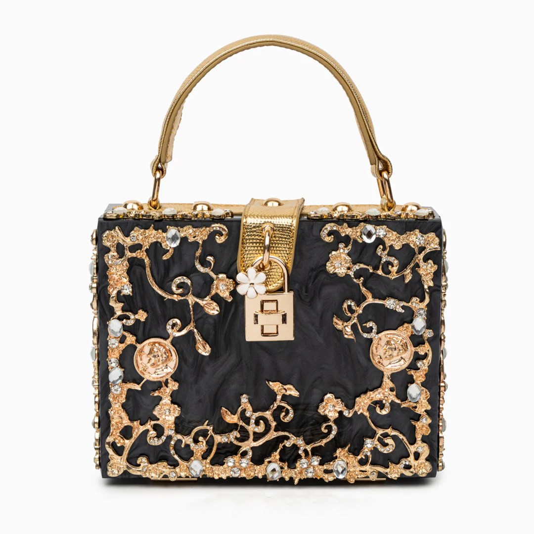 Cathy | Ekskluzywna torebka box bag, luksusowy design, złote detale kwiatowe, eleganczne metalowe zapięcie - Image 24
