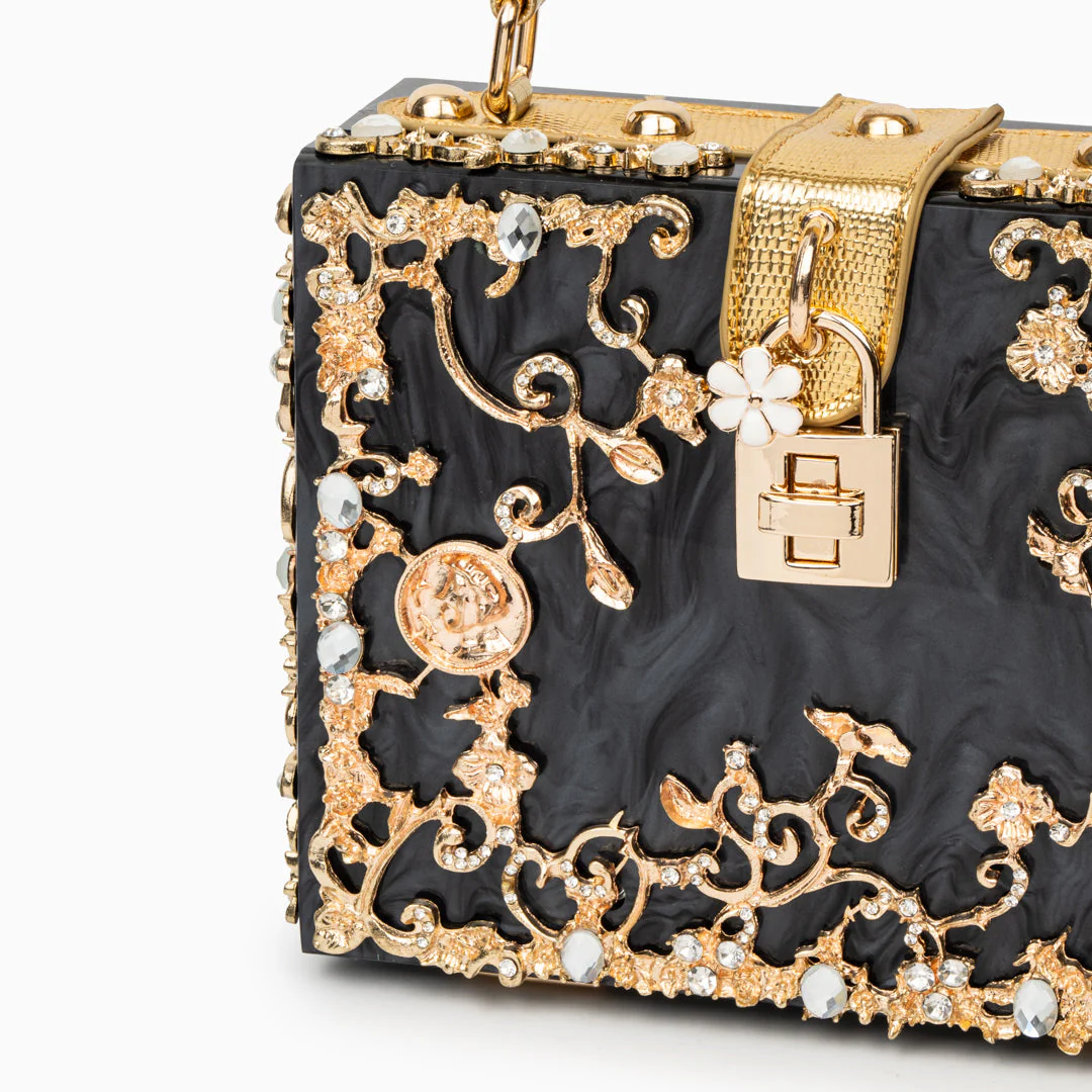 Cathy | Ekskluzywna torebka box bag, luksusowy design, złote detale kwiatowe, eleganczne metalowe zapięcie - Image 25