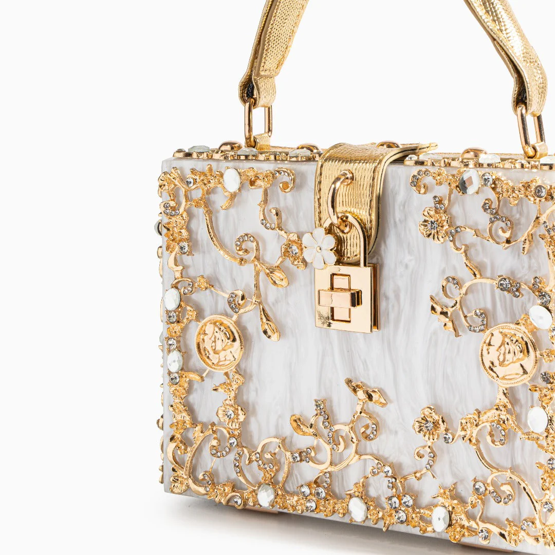 Cathy | Ekskluzywna torebka box bag, luksusowy design, złote detale kwiatowe, eleganczne metalowe zapięcie - Image 3