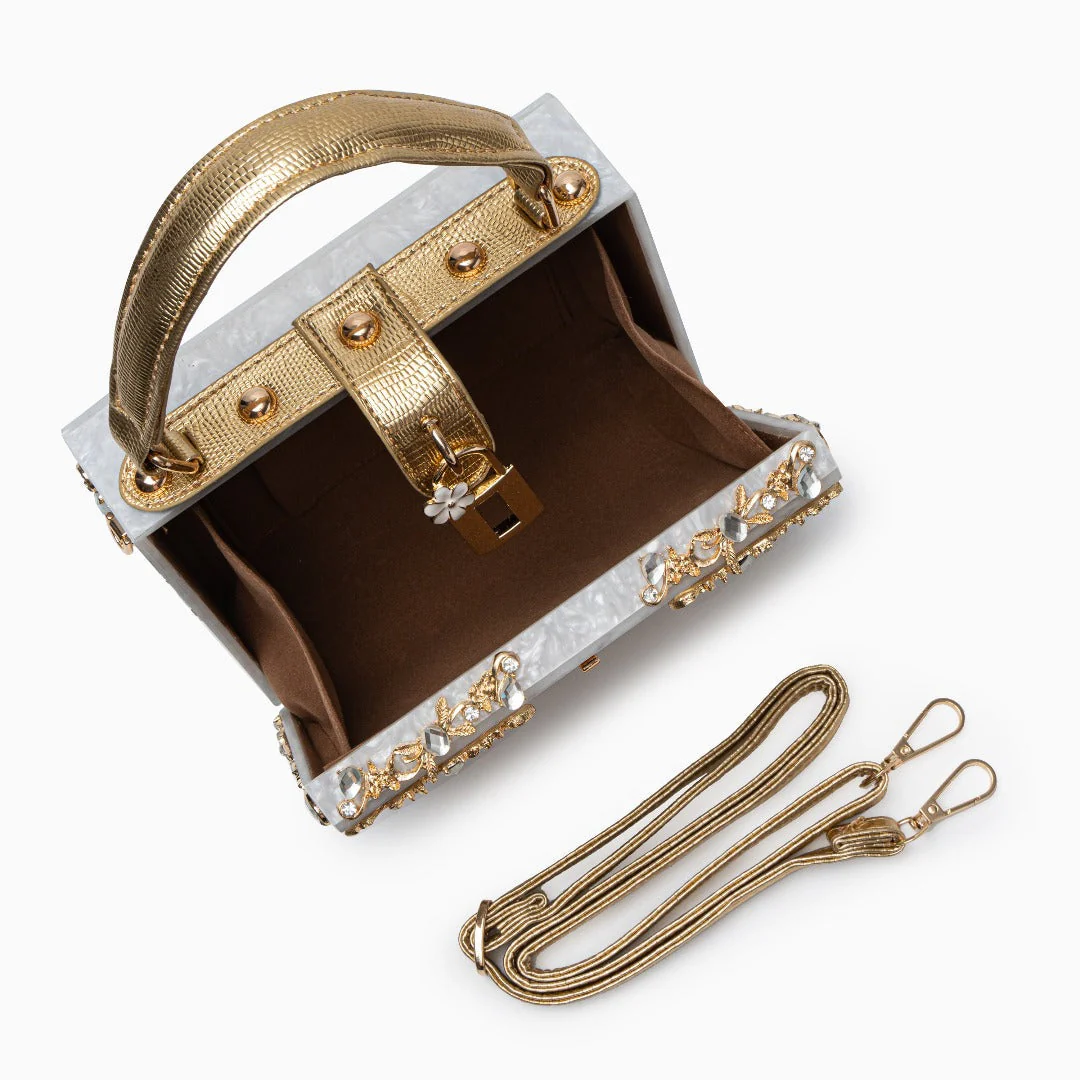 Cathy | Ekskluzywna torebka box bag, luksusowy design, złote detale kwiatowe, eleganczne metalowe zapięcie - Image 6