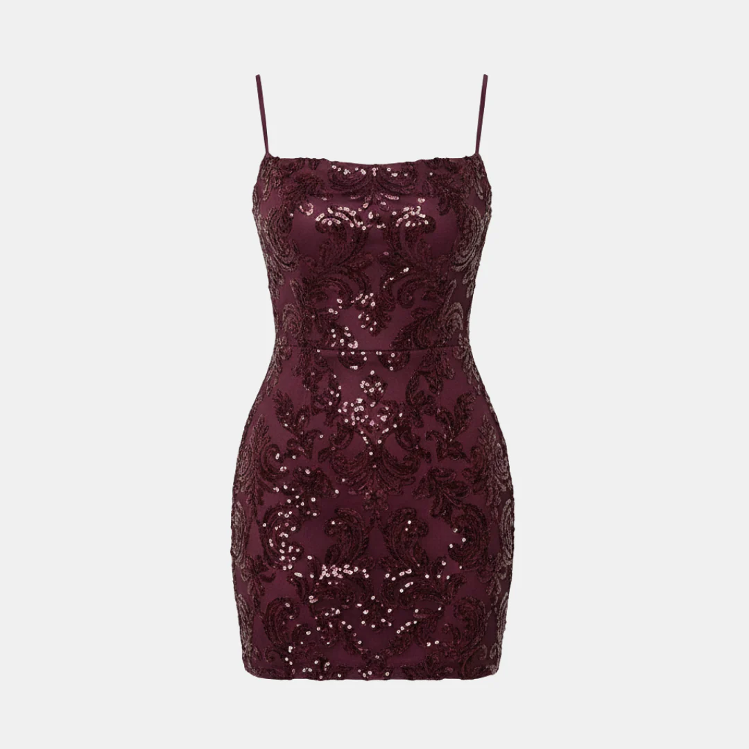 Cecily | Sukienka damska mini bordowa z cekinami na ramiączkach - Image 7