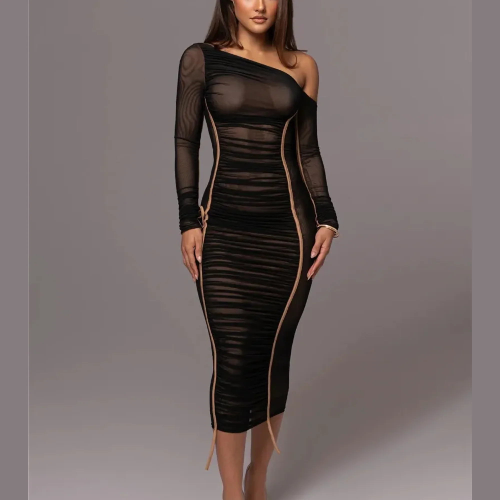 Charle | Damska sukienka midi bodycon na jedno ramię, marszczony tiul, elegancki i kobiecy fason - Image 2
