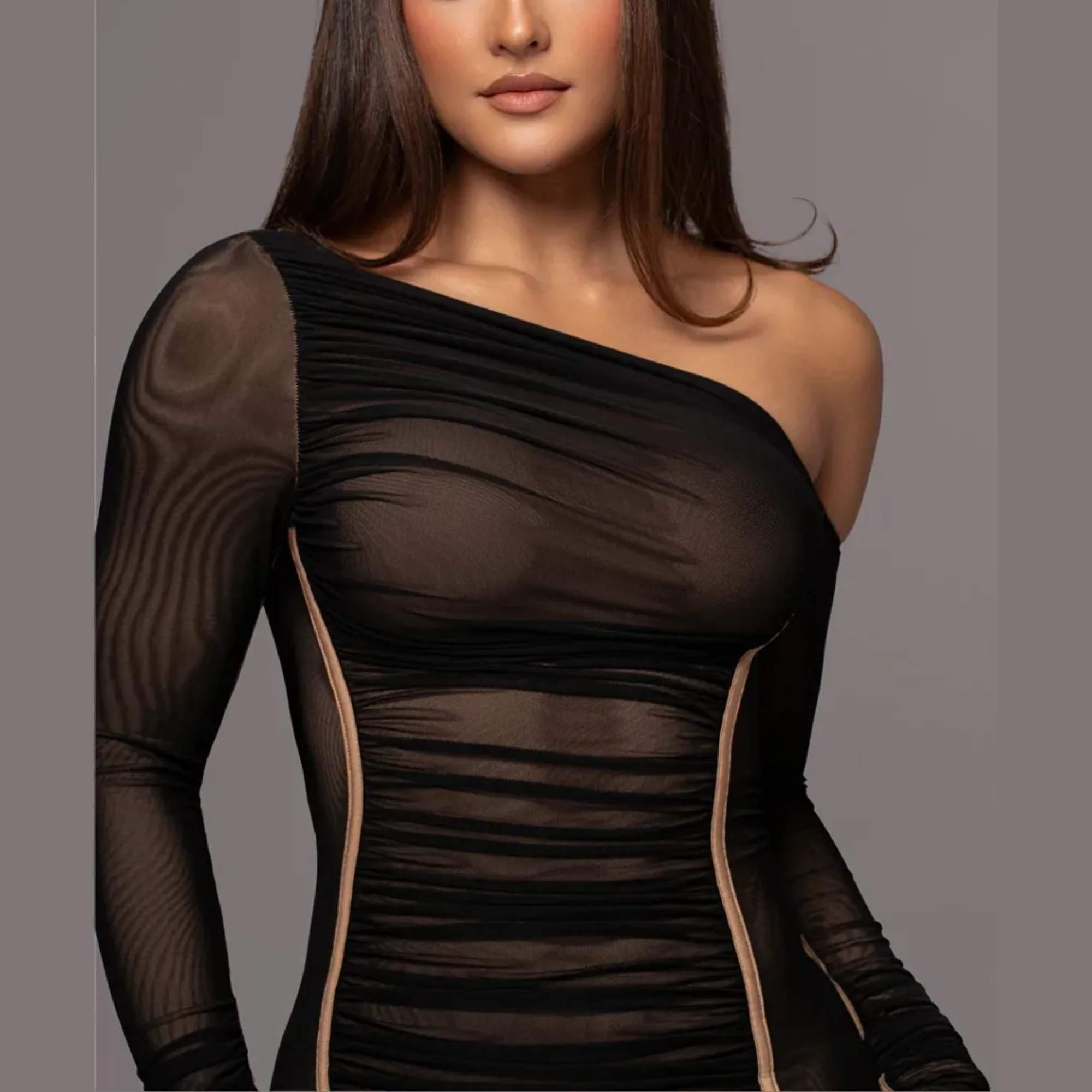 Charle | Damska sukienka midi bodycon na jedno ramię, marszczony tiul, elegancki i kobiecy fason - Image 3