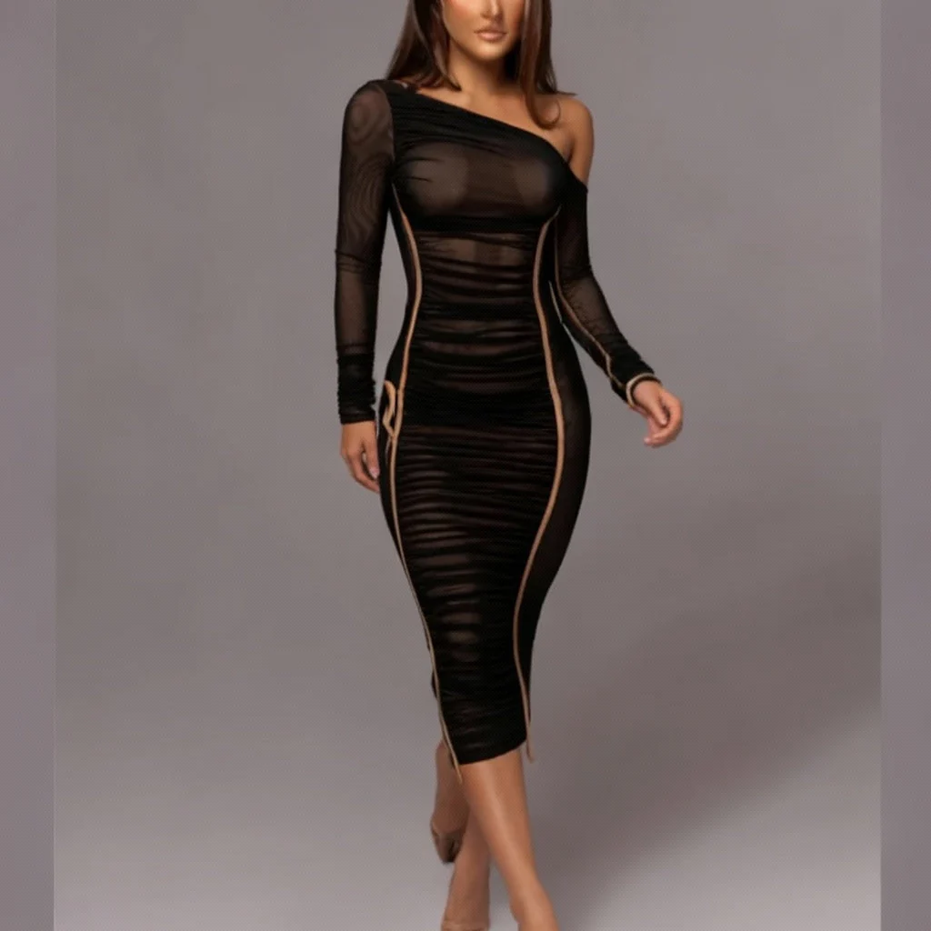 Charle | Damska sukienka midi bodycon na jedno ramię, marszczony tiul, elegancki i kobiecy fason - Image 8