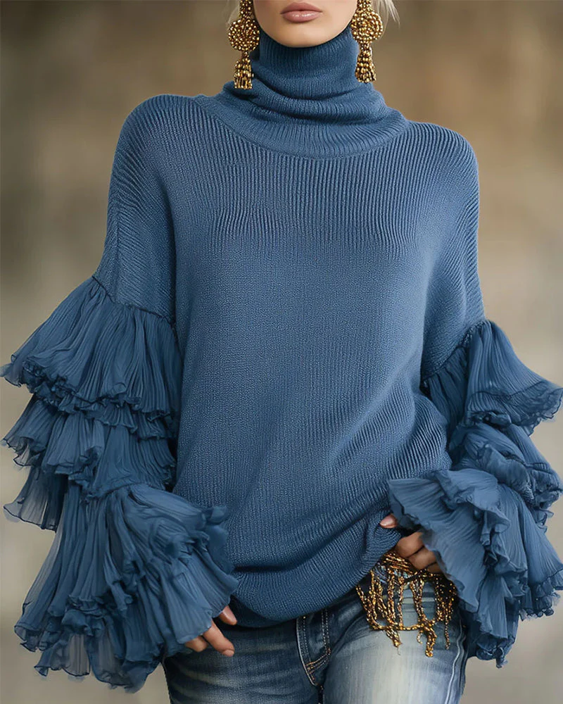 Danielle | Elegancki damski sweter dzianinowy z półgolfem i falbanianymi rękawami - Image 2