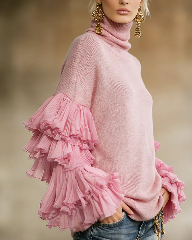 Danielle | Elegancki damski sweter dzianinowy z półgolfem i falbanianymi rękawami - Image 5