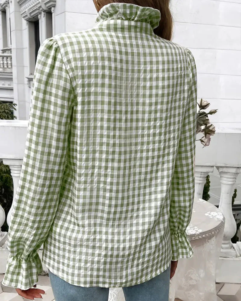 Emerald | Elegancka bluzka damska w kratę gingham z falbaną - Image 10