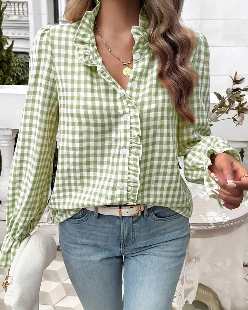 Emerald | Elegancka bluzka damska w kratę gingham z falbaną - Image 8