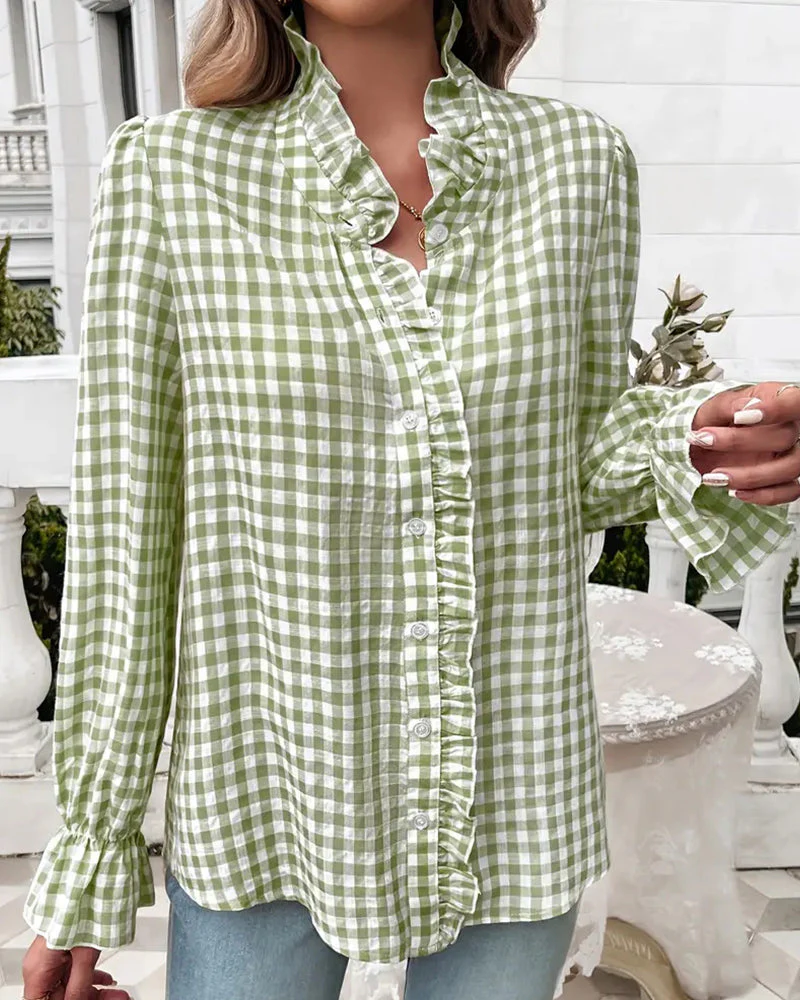 Emerald | Elegancka bluzka damska w kratę gingham z falbaną - Image 9
