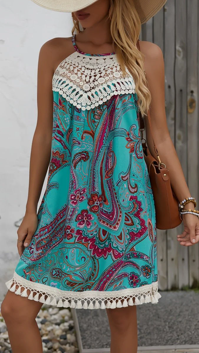 Esther | Damska sukienka mini paisley z koronką na ramiączkach halter elegancka - Image 5
