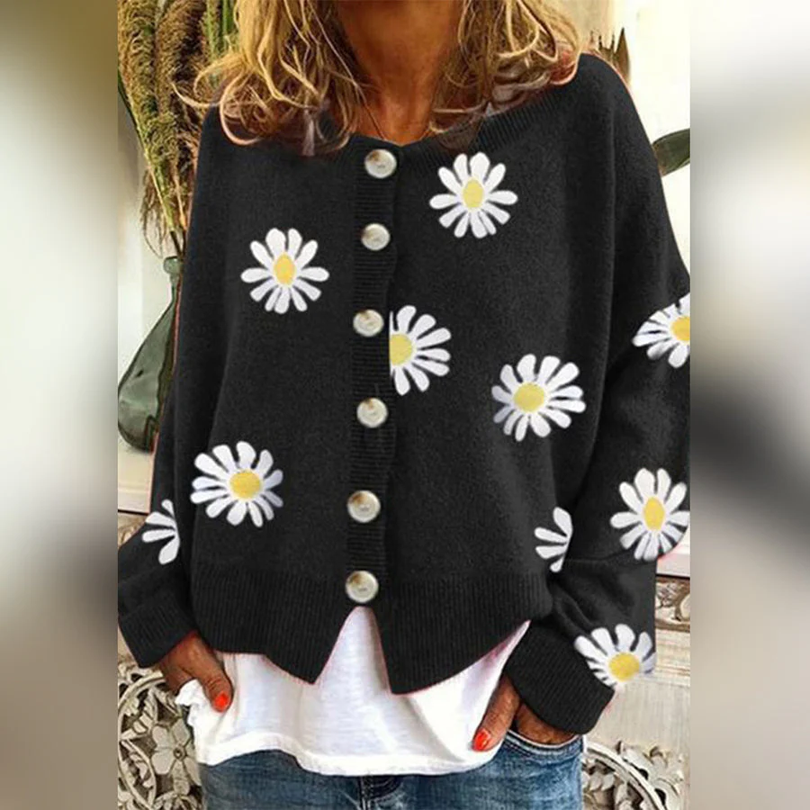 Gemma | Kardigan damski oversize z motywem kwiatowym, modny dzianinowy - Image 4