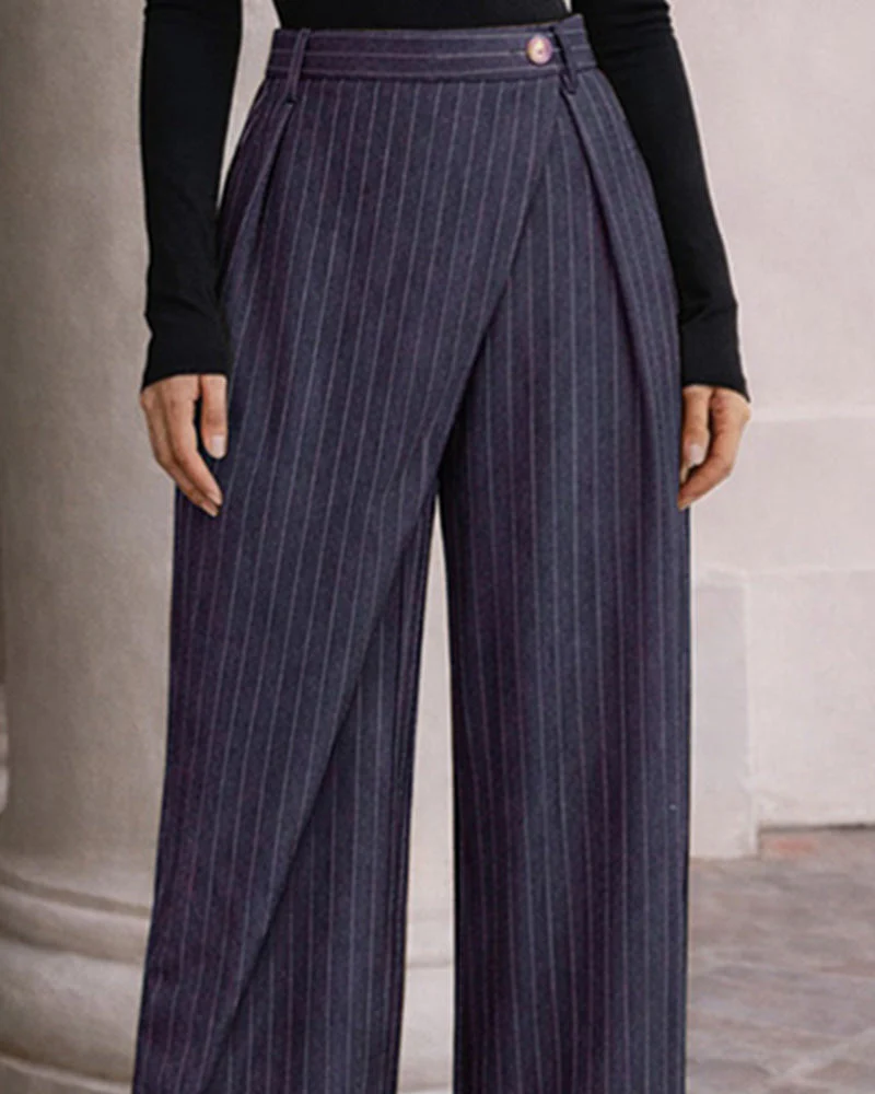 Gene | Damskie spodnie business casual z plisami, w prążki i o szerokich nogawkach - Image 3