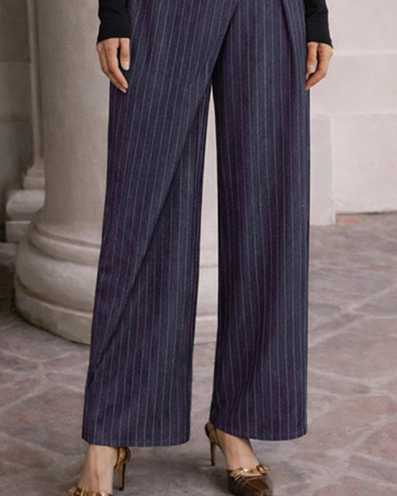 Gene | Damskie spodnie business casual z plisami, w prążki i o szerokich nogawkach - Image 4
