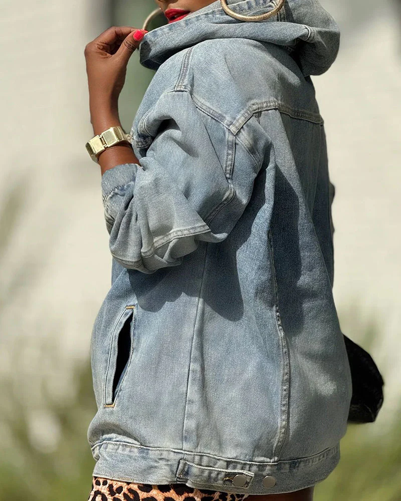 Georgene | Oversize’owa damska bluza z kapturem z postarzanym efektem denimu - Image 3