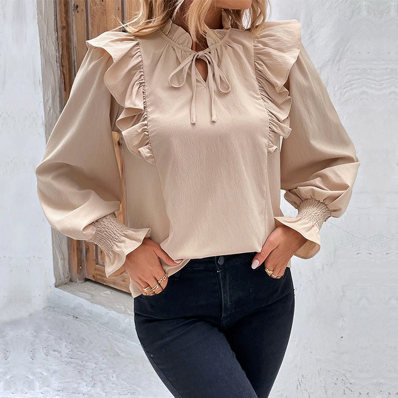 Glenna - Elegancka romantyczna bluzka w kolorze beżowym z falbanami - Image 2