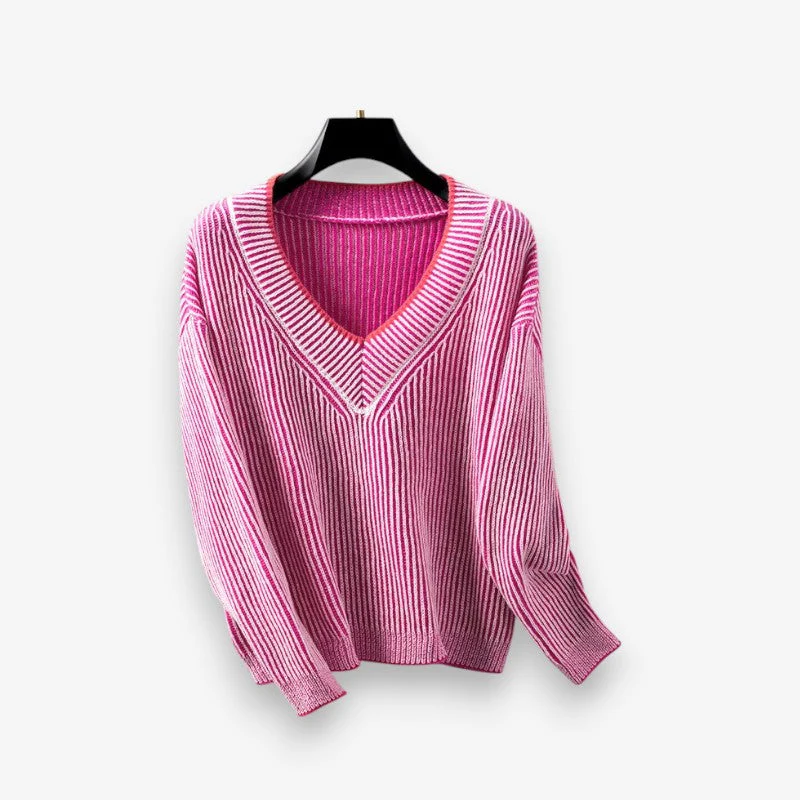 Haisley | Sweter damski w paski z długim rękawem i dekoltem w serek, dzianinowy casual - Image 2