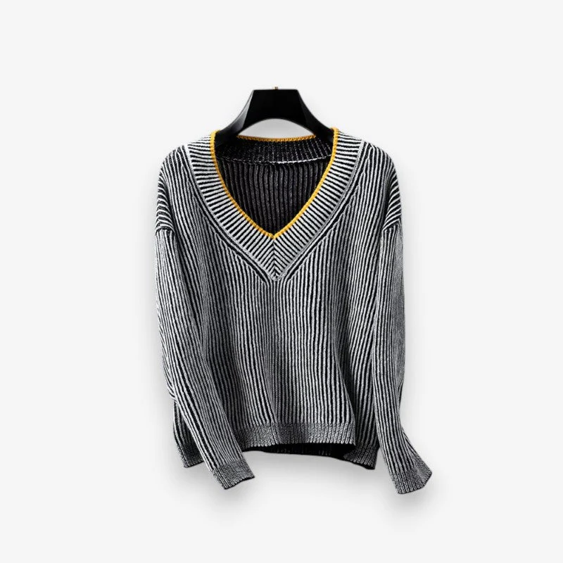 Haisley | Sweter damski w paski z długim rękawem i dekoltem w serek, dzianinowy casual - Image 3