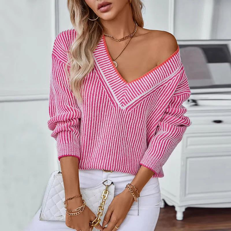 Haisley | Sweter damski w paski z długim rękawem i dekoltem w serek, dzianinowy casual - Image 4
