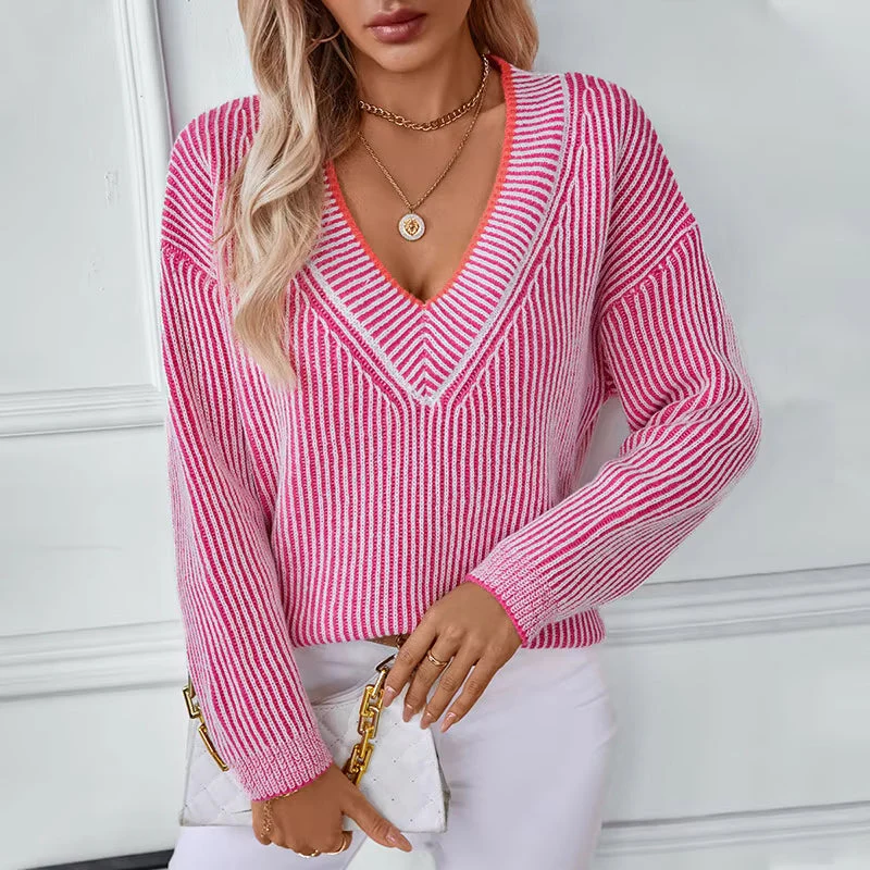 Haisley | Sweter damski w paski z długim rękawem i dekoltem w serek, dzianinowy casual - Image 5