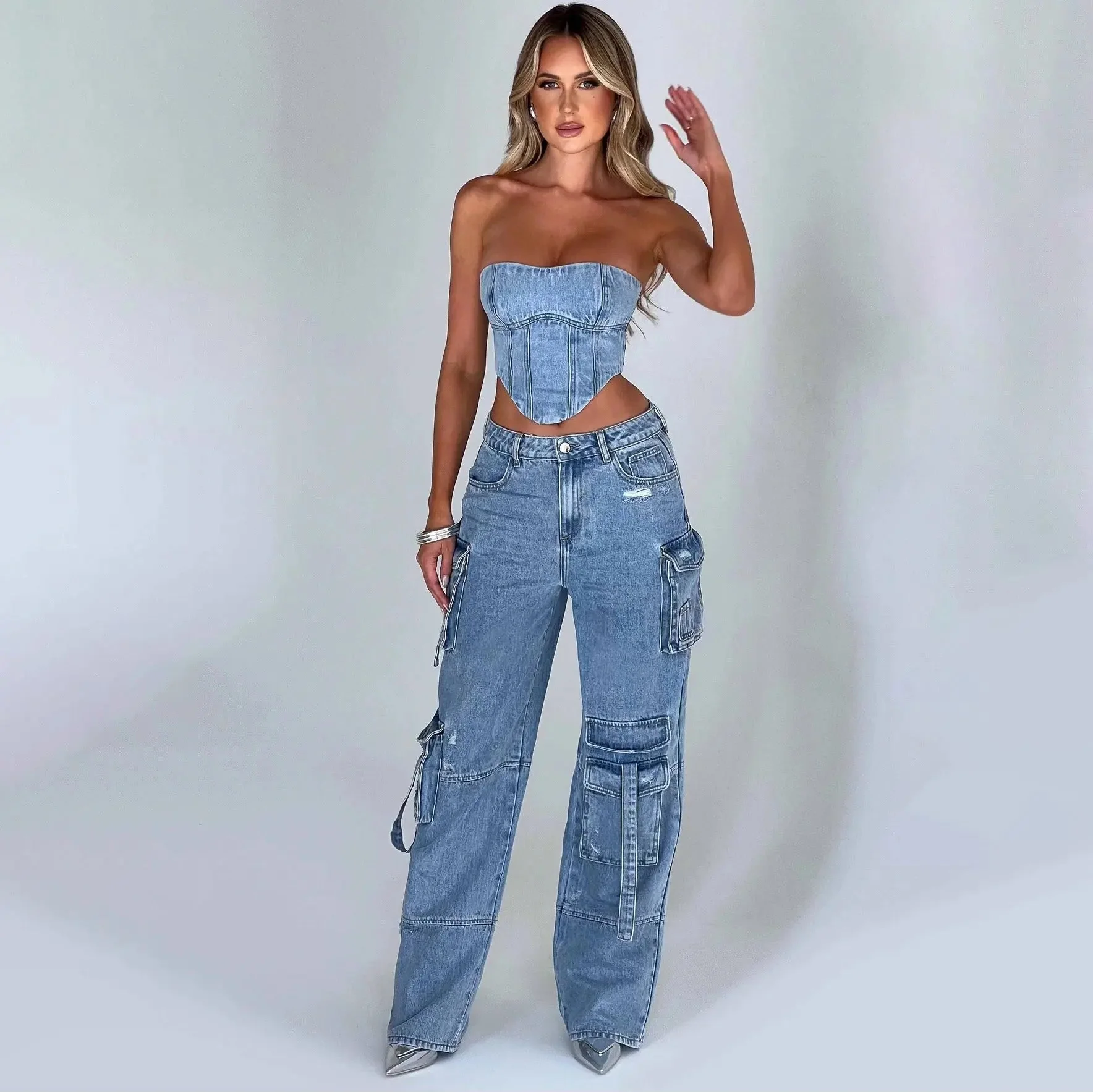 Hannah | Jeansy damskie cargo z szeroką nogawką i wysokim stanem, streetwear - Image 5