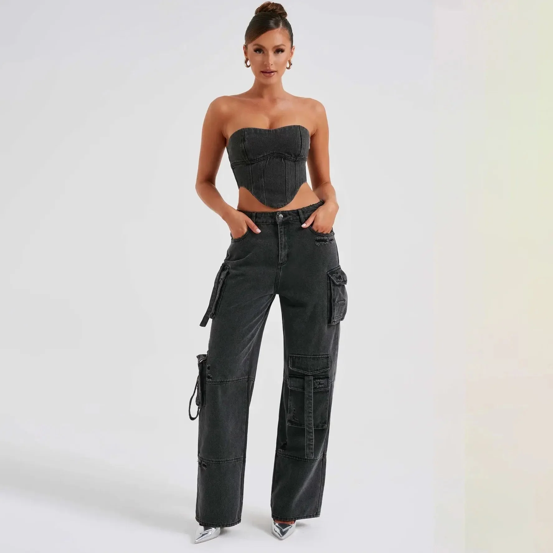 Hannah | Jeansy damskie cargo z szeroką nogawką i wysokim stanem, streetwear - Image 6