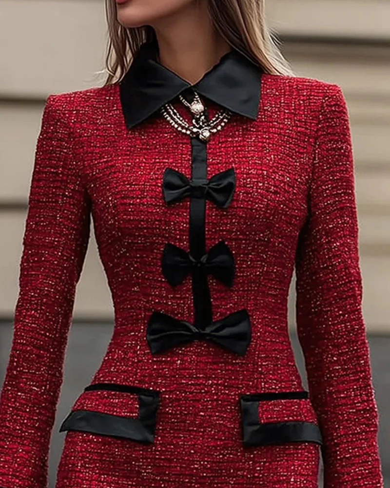 Hannah | Elegancka damska mini sukienka z tweedu z kontrastową kokardą - Image 4