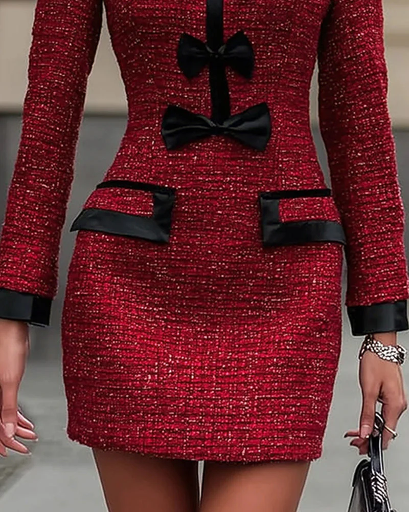 Hannah | Elegancka damska mini sukienka z tweedu z kontrastową kokardą - Image 5