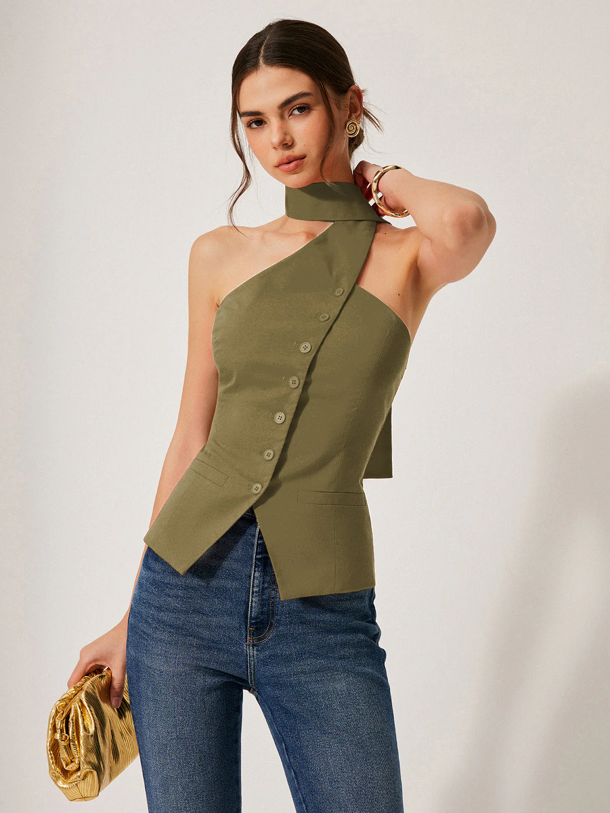 Harmony | Damski top halter z bawełny i lnu z ozdobnymi kieszeniami - Image 10
