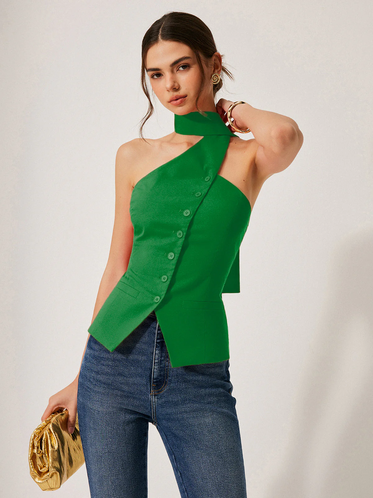 Harmony | Damski top halter z bawełny i lnu z ozdobnymi kieszeniami - Image 11