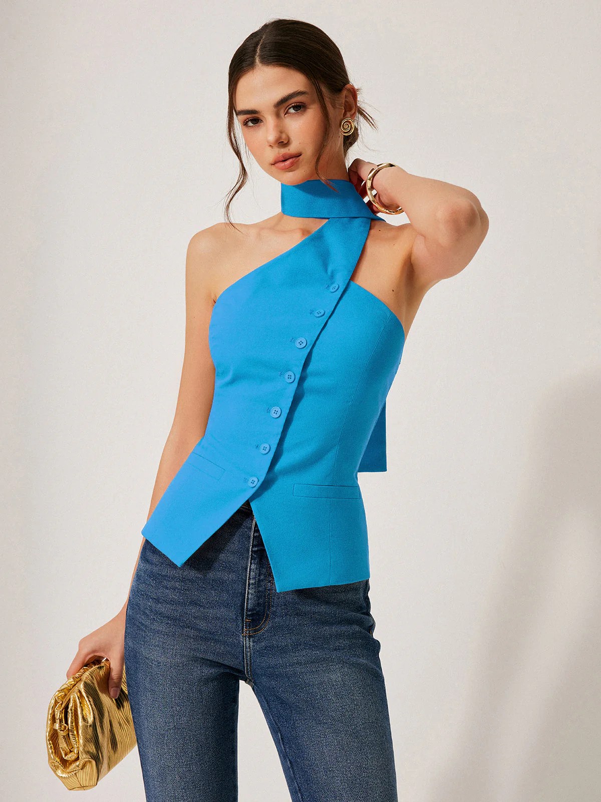 Harmony | Damski top halter z bawełny i lnu z ozdobnymi kieszeniami - Image 12