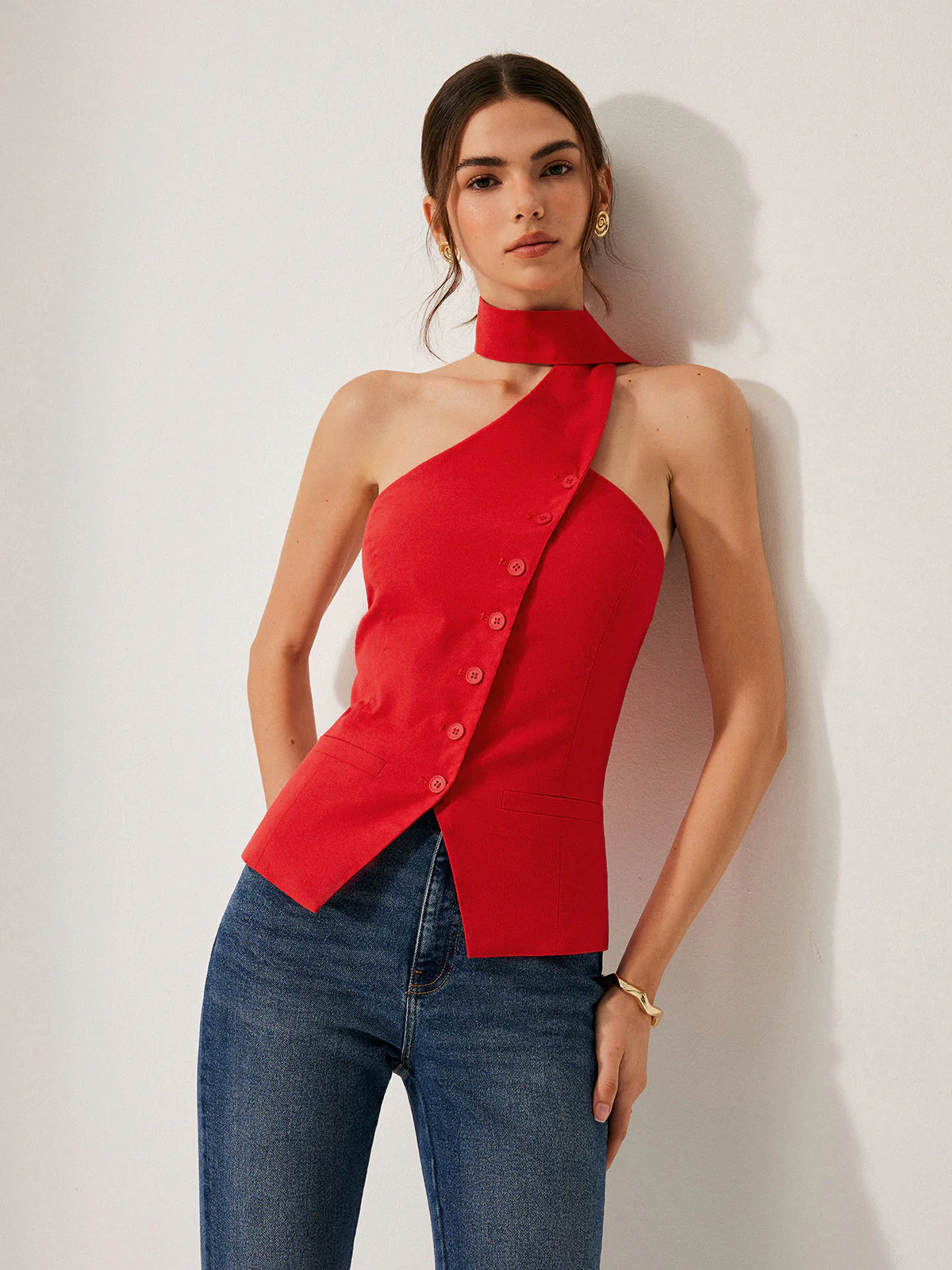 Harmony | Damski top halter z bawełny i lnu z ozdobnymi kieszeniami - Image 4