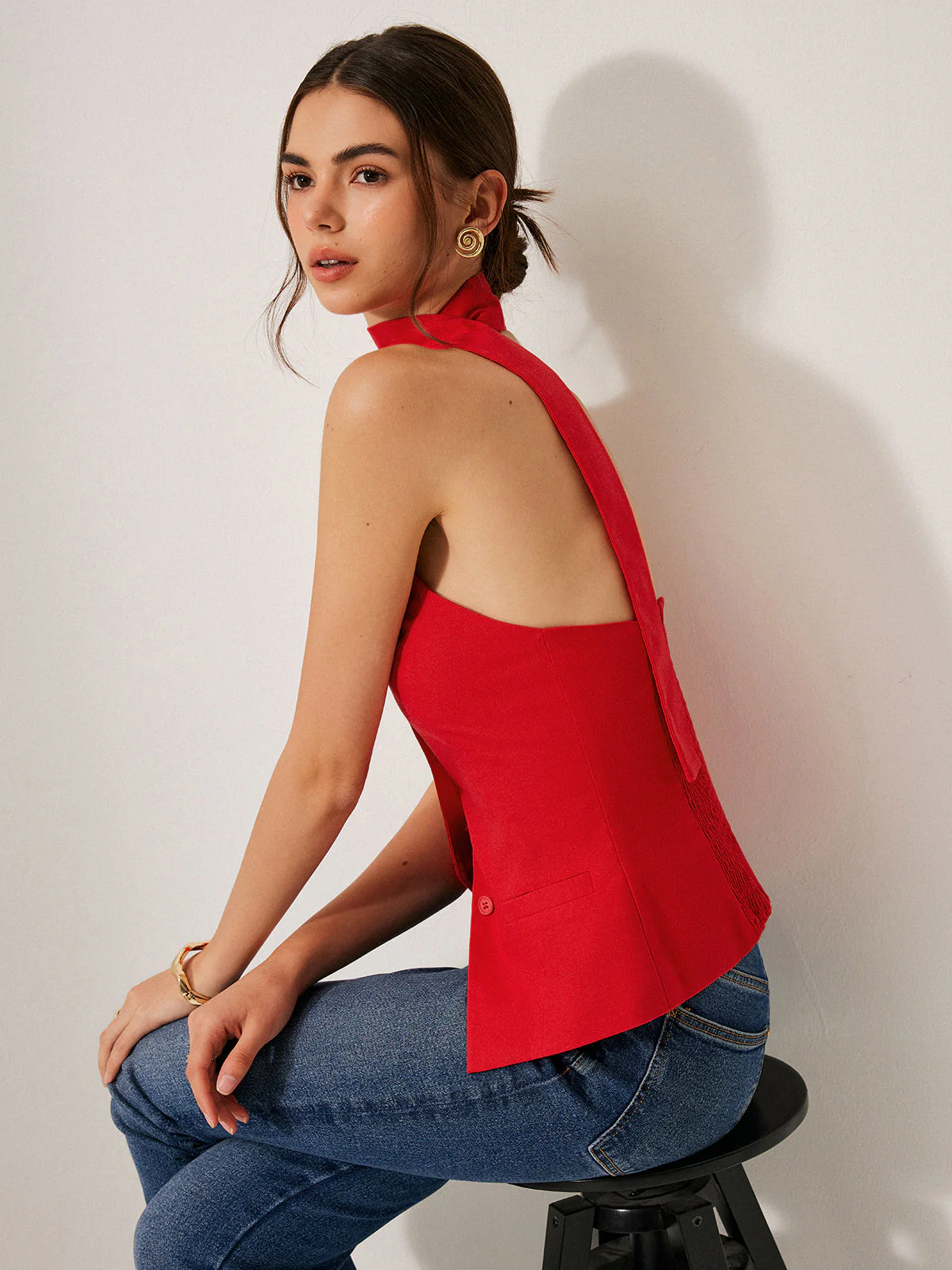 Harmony | Damski top halter z bawełny i lnu z ozdobnymi kieszeniami - Image 5