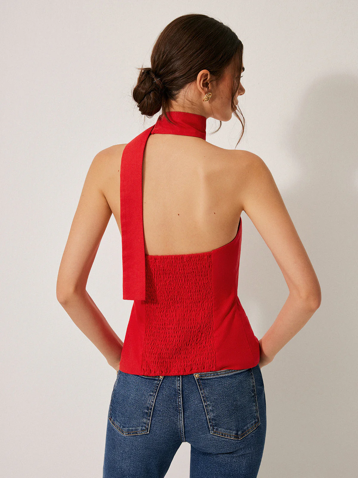 Harmony | Damski top halter z bawełny i lnu z ozdobnymi kieszeniami - Image 6