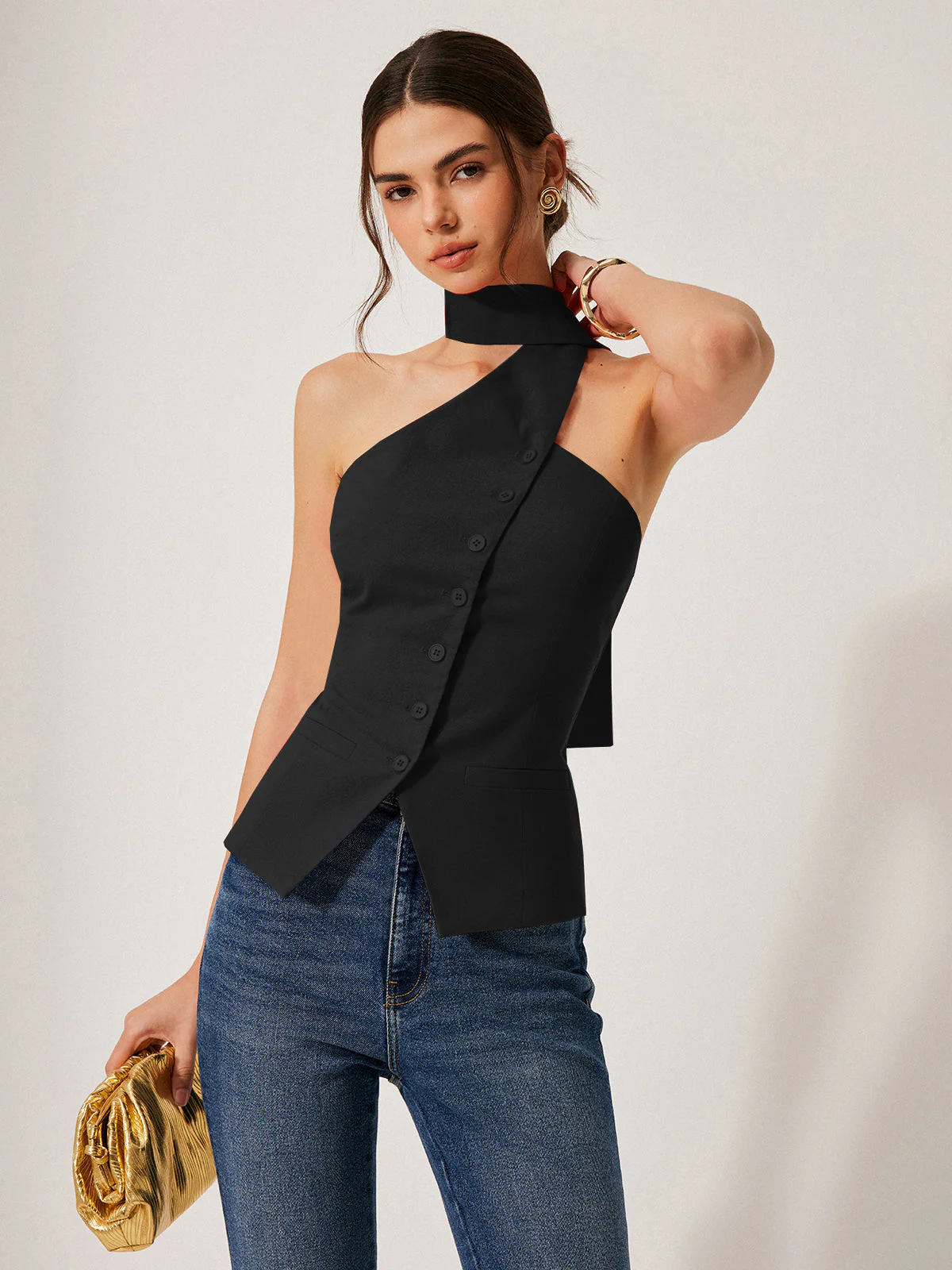 Harmony | Damski top halter z bawełny i lnu z ozdobnymi kieszeniami - Image 8