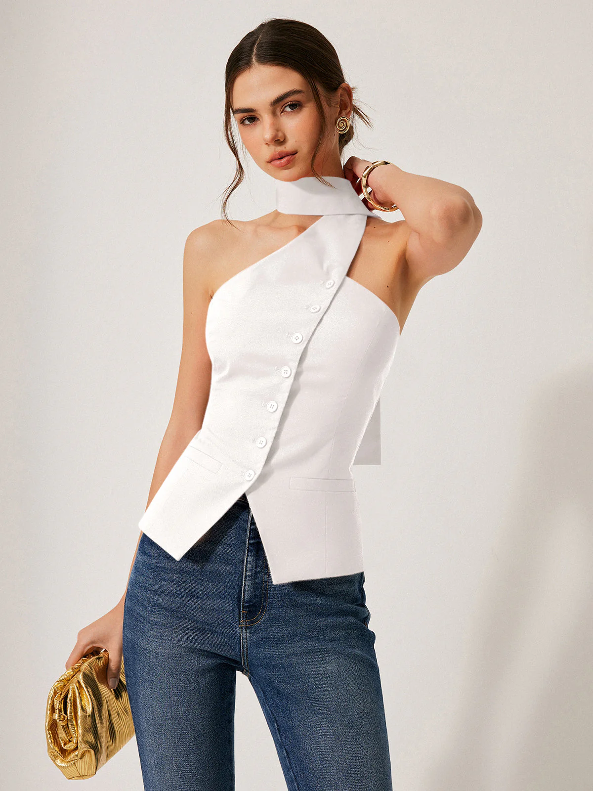 Harmony | Damski top halter z bawełny i lnu z ozdobnymi kieszeniami - Image 9