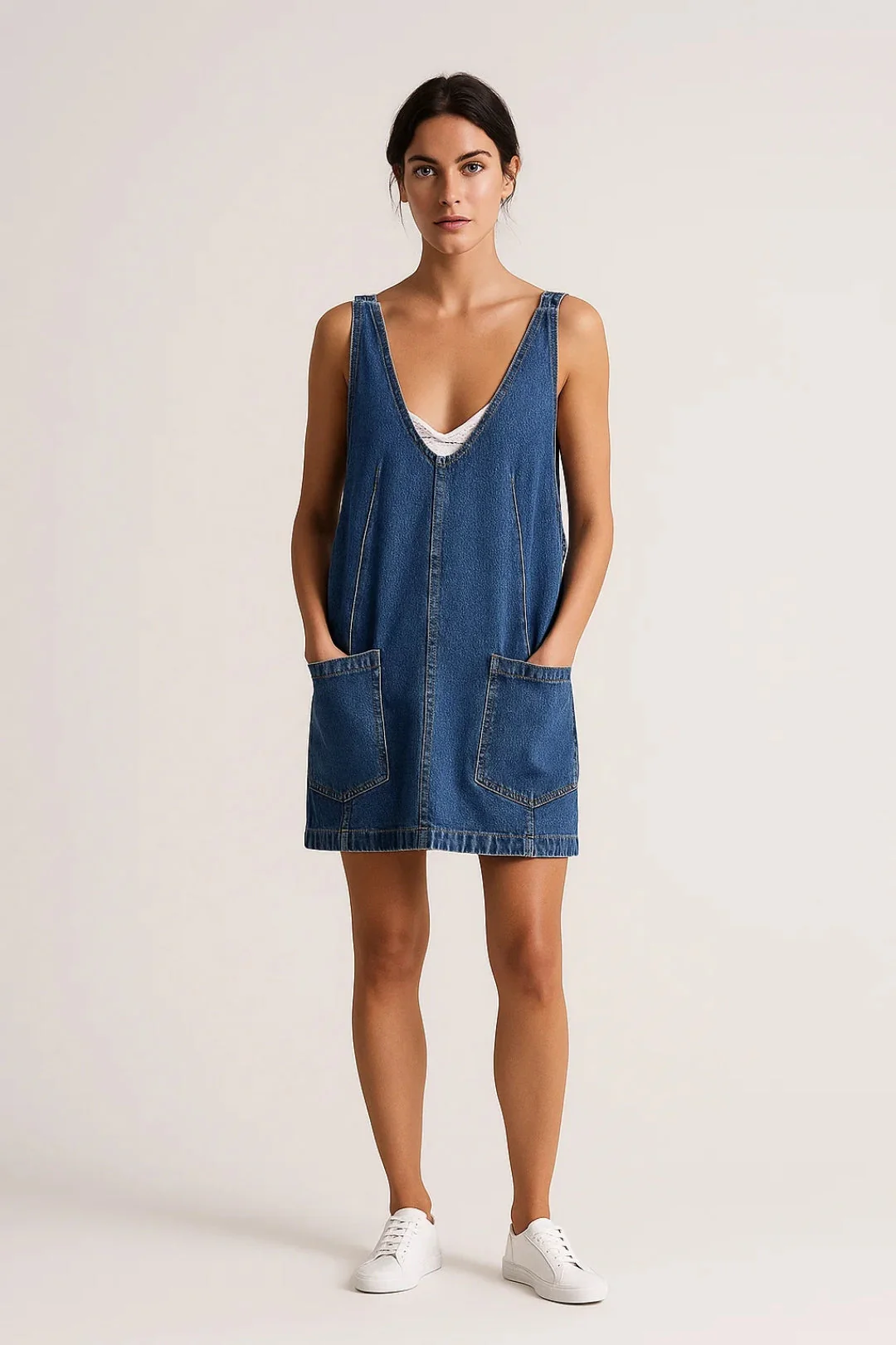 Heidi | sukienka mini jeansowa damska z dekoltem w serek i bez rękawów - Image 3