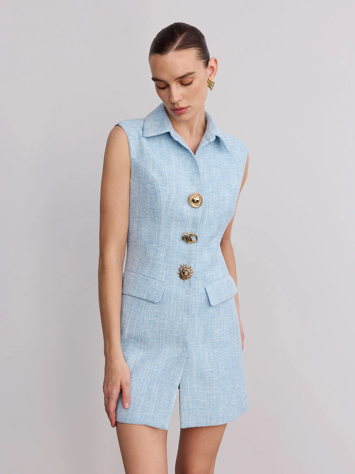 Helen | Sukienka mini z tweedu bez rękawów z kołnierzykiem, elegancki fason - Image 4