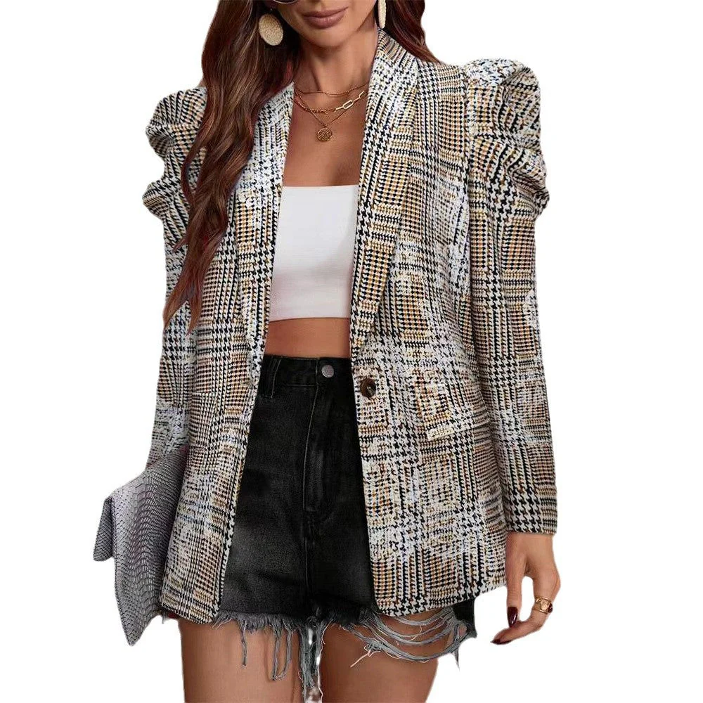Hunter - Elegancka, stylowa marynarka w kratę z bufiastymi rękawami dla kobiet - Image 6