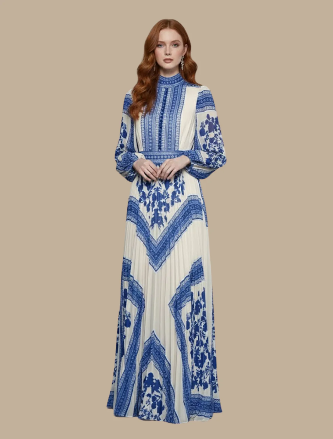 Irene | sukienka maxi damska boho z długim rękawem i wzorem - Image 2