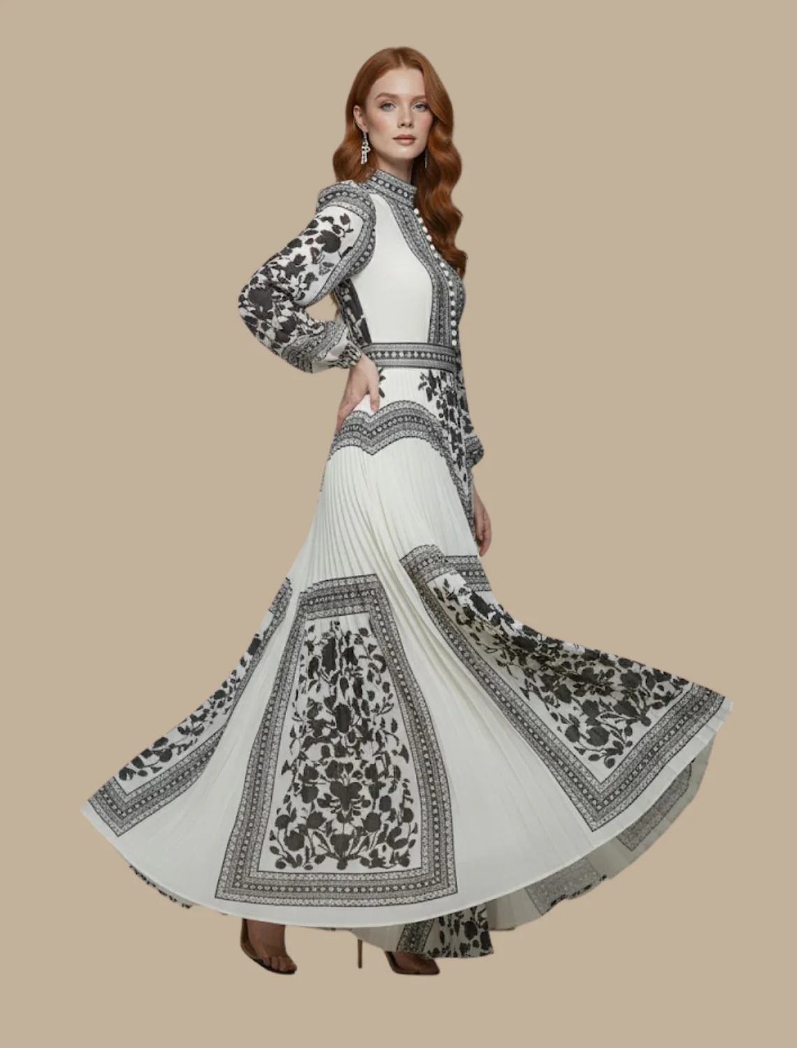 Irene | sukienka maxi damska boho z długim rękawem i wzorem - Image 4