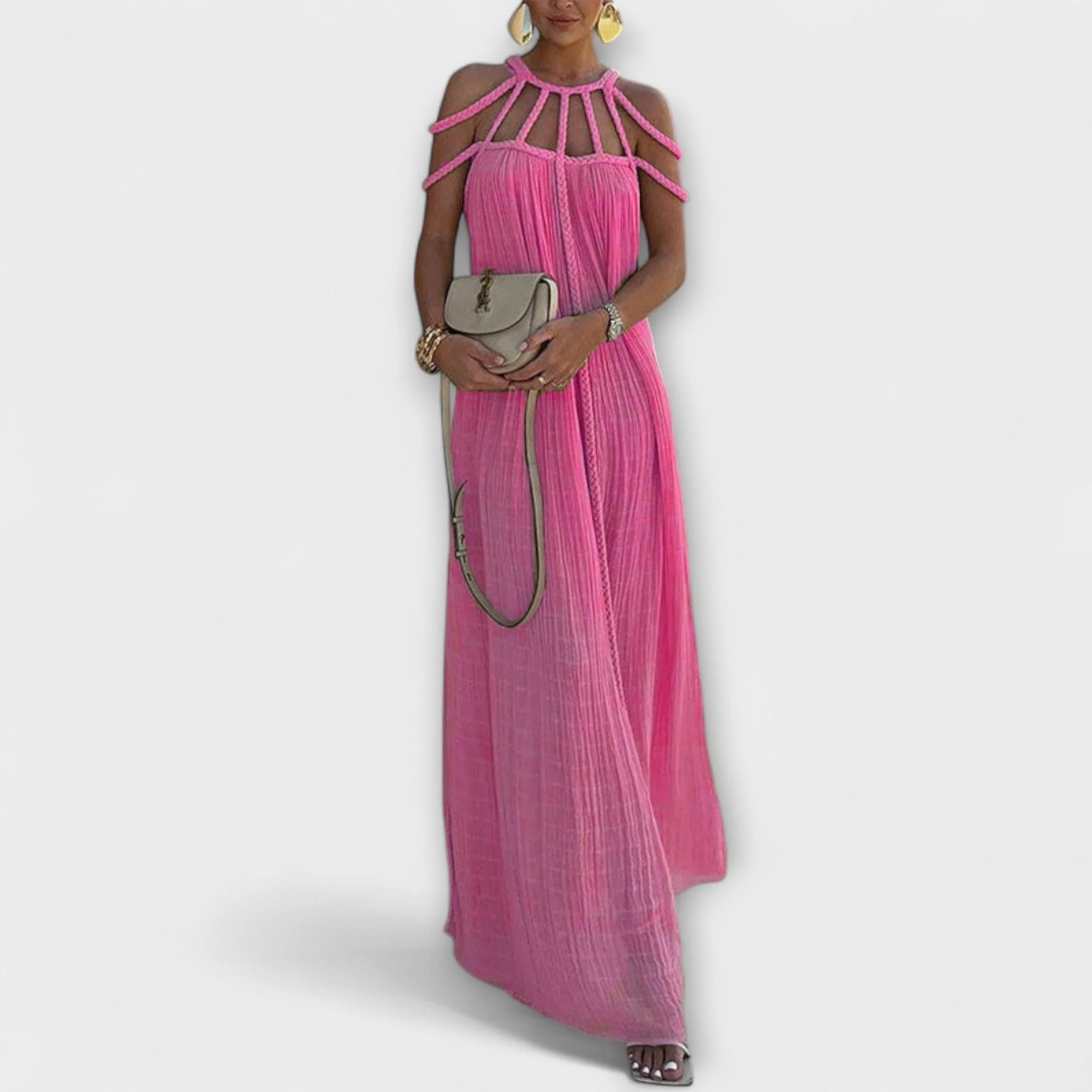 Jacqui | sukienka maxi damska plisowana z ozdobnym sznurem, elegancka i zwiewna - Image 2