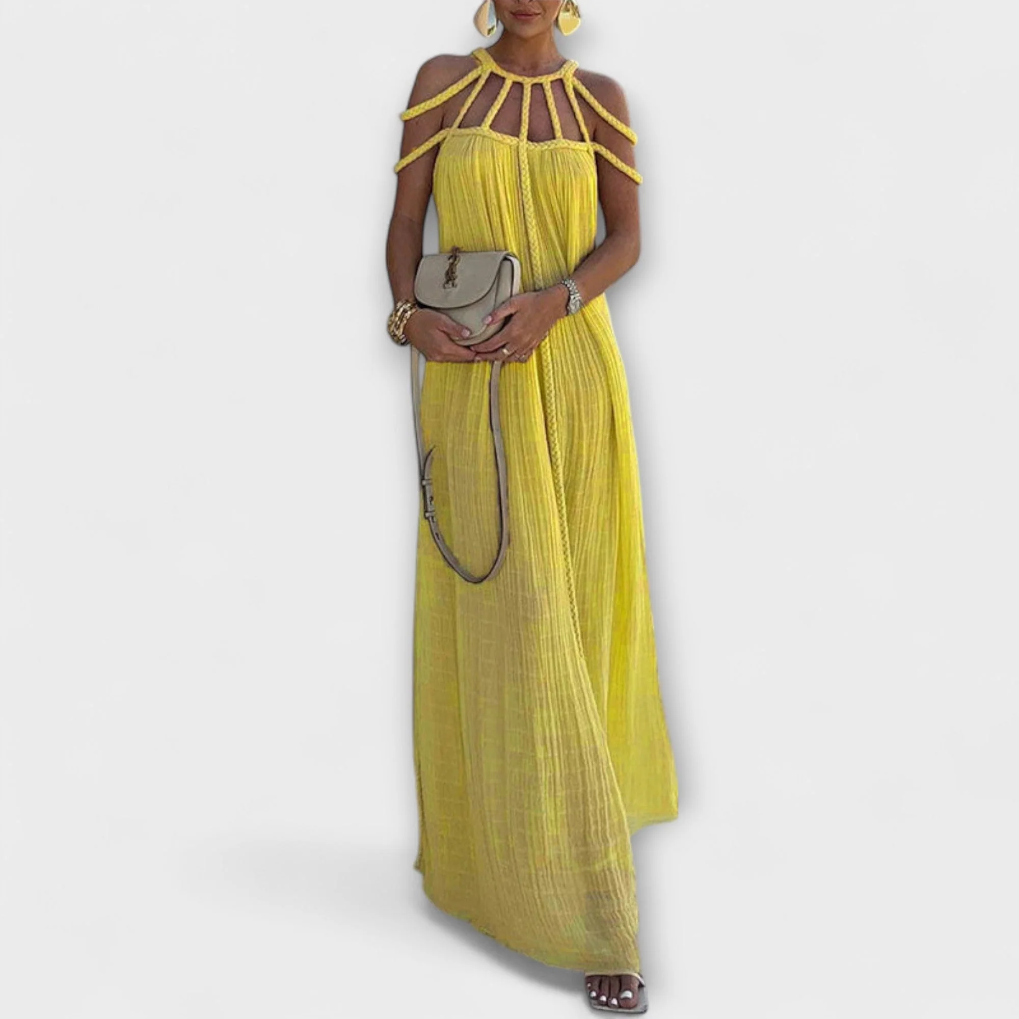 Jacqui | sukienka maxi damska plisowana z ozdobnym sznurem, elegancka i zwiewna - Image 3