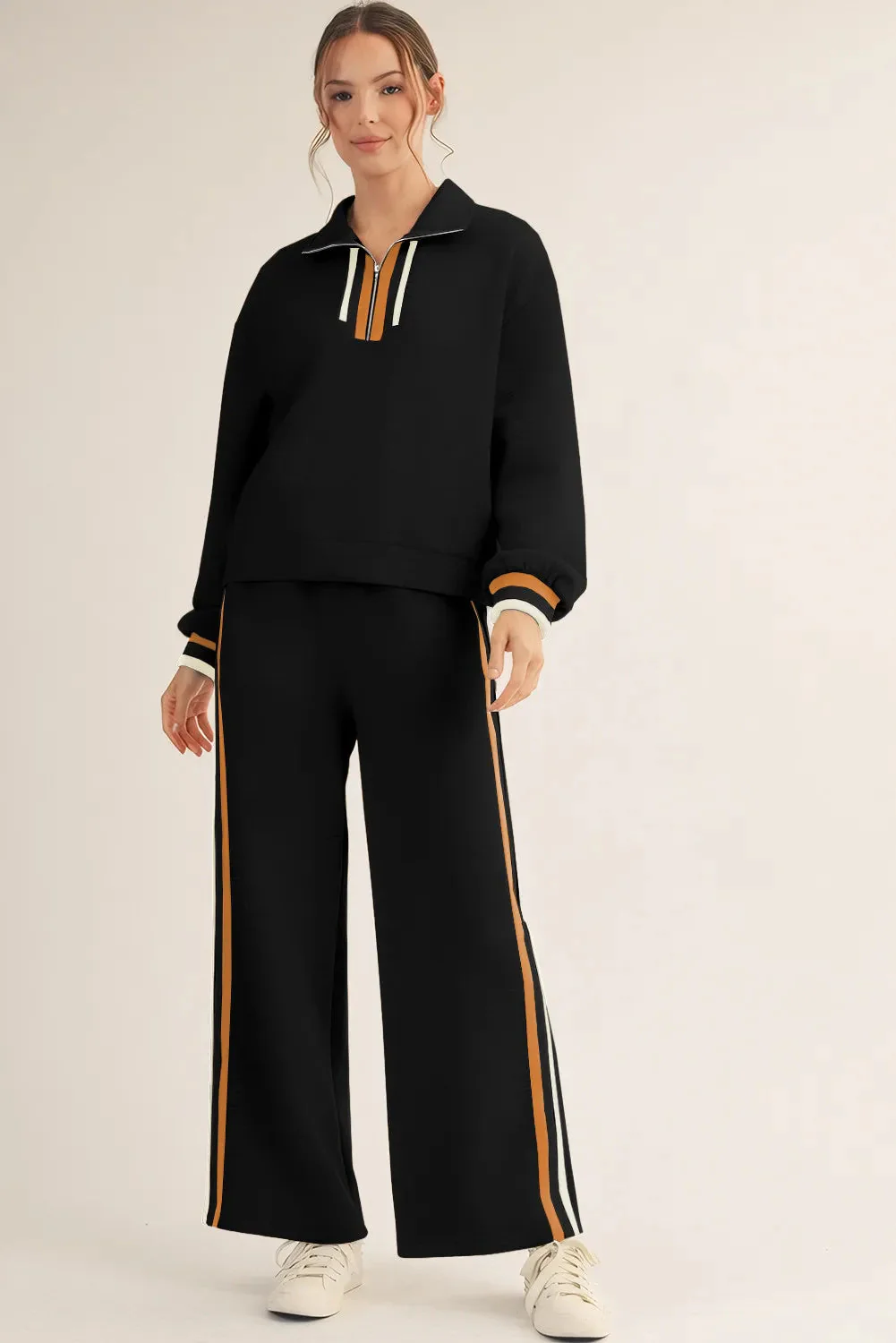 Jayne – Elegancki, sportowy, czarny, dwuczęściowy zestaw z dzianiny tweedowej w paski dla kobiet - Image 5