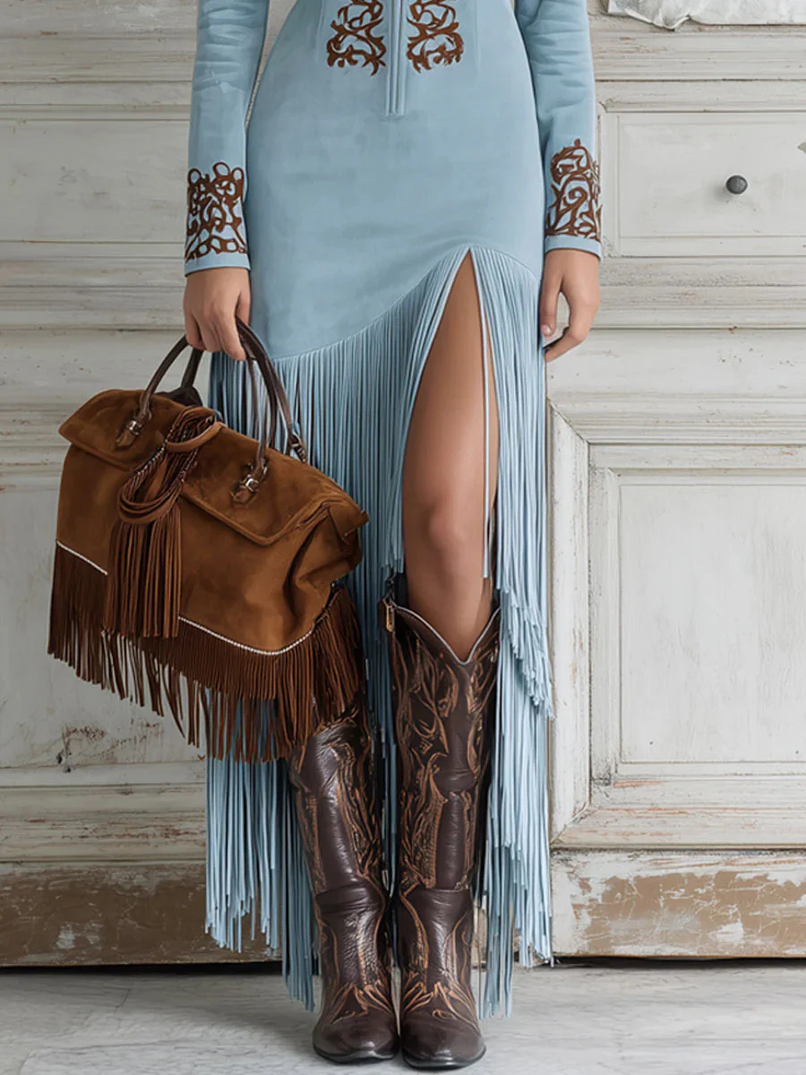 Karen | sukienka maxi damska w stylu western z frędzlami - Image 3