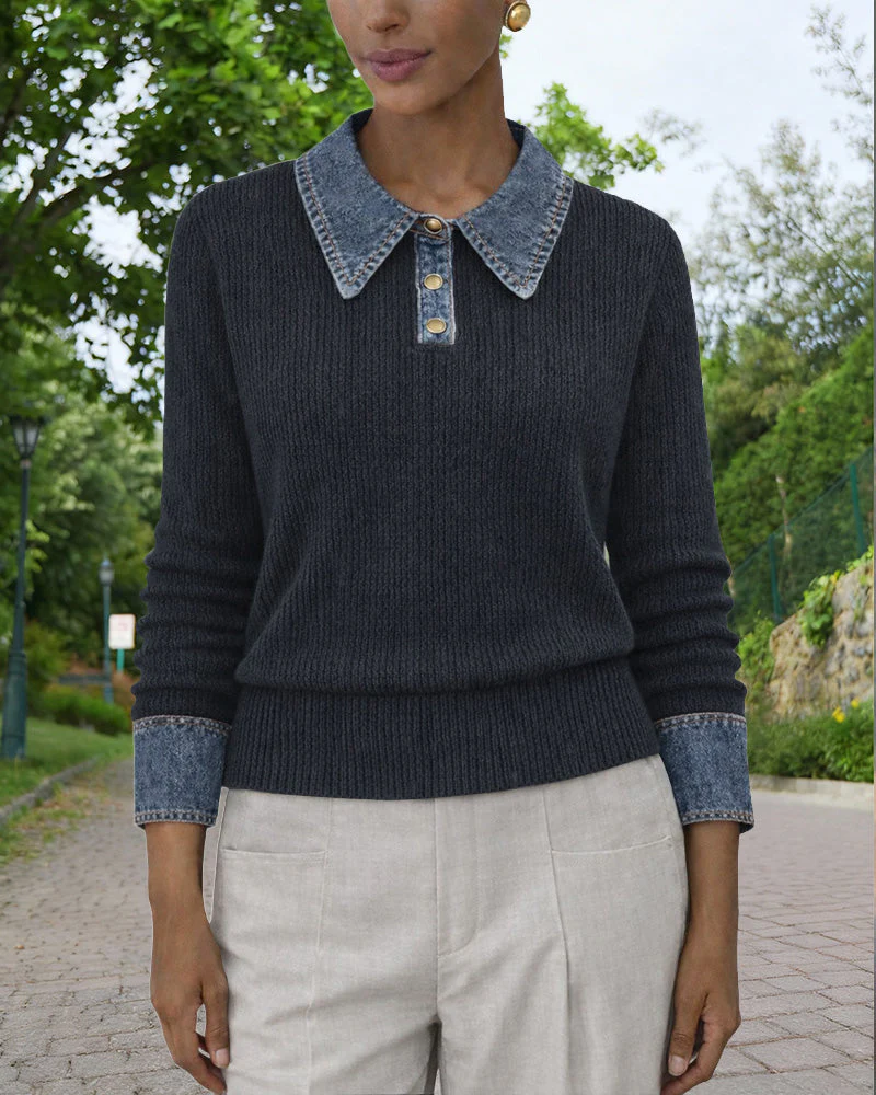 Kinga | Casualowa damska koszulka polo z denimu i patchworkiem - Image 2