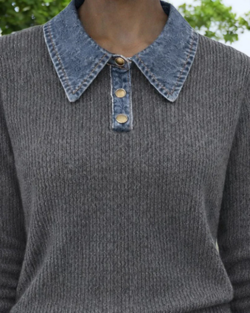 Kinga | Casualowa damska koszulka polo z denimu i patchworkiem - Image 3