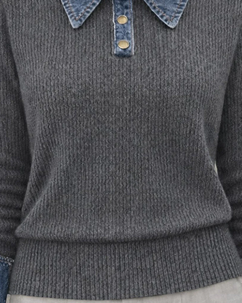 Kinga | Casualowa damska koszulka polo z denimu i patchworkiem - Image 4
